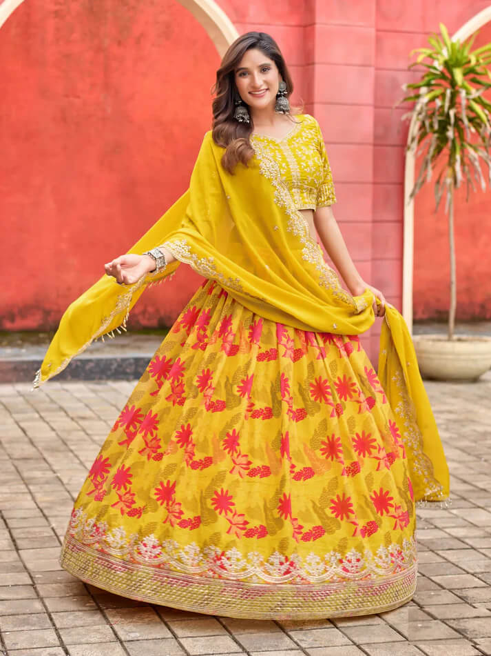 Yellow Taby Silk Lehenga with Floral Print & Embroidery