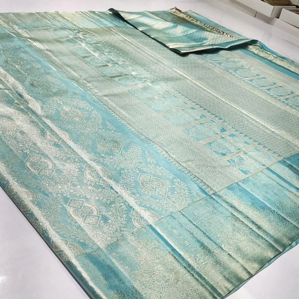 Turquoise Kanchipuram Handloom Tissue Brocade Silk Saree