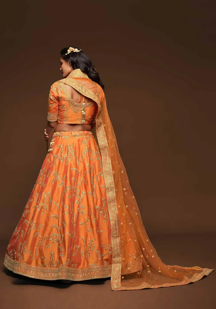 Orange  Silk Lehenga with Thread, Zari & Sequins Work