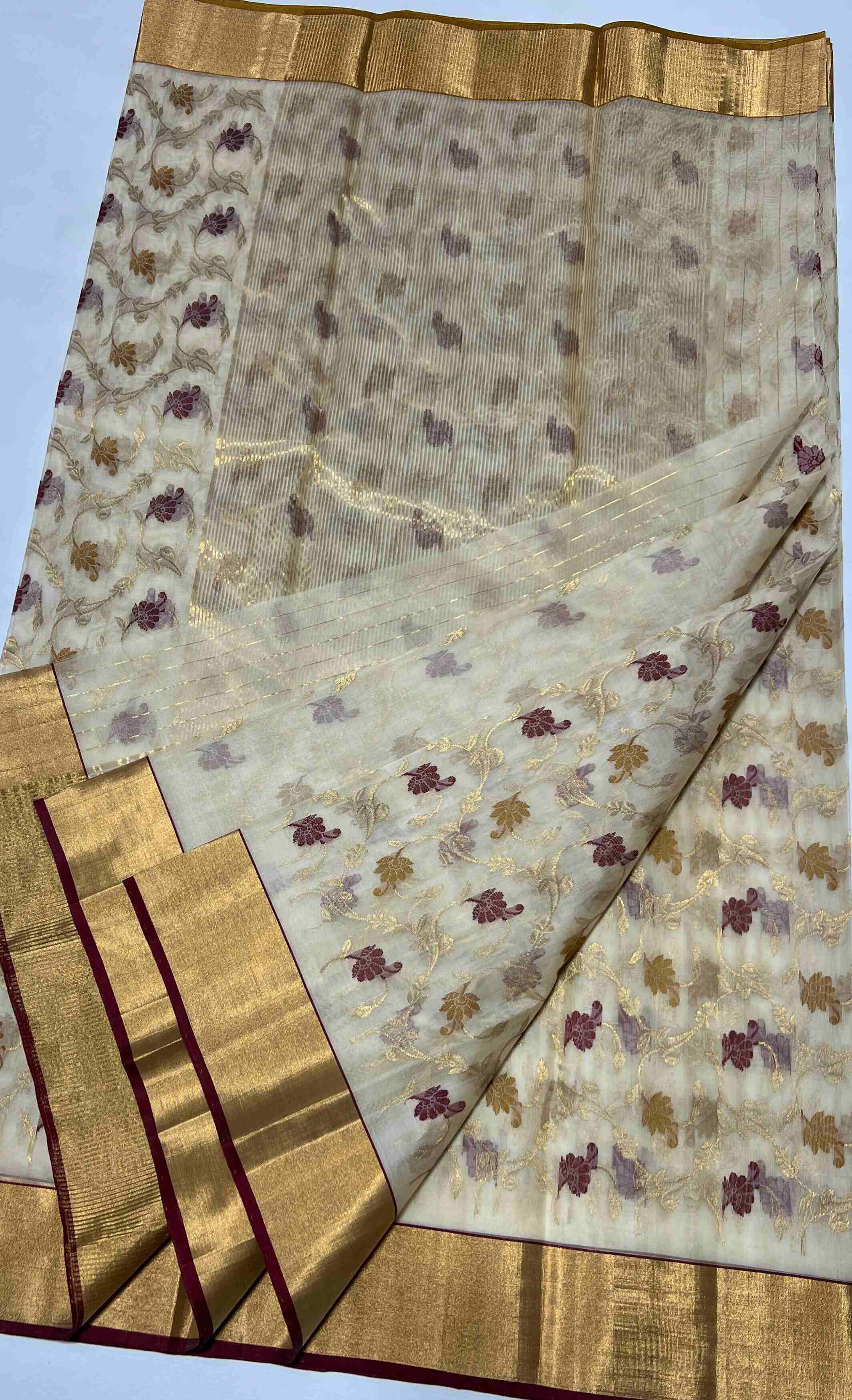 Beige Chanderi Handloom Katan Silk Saree