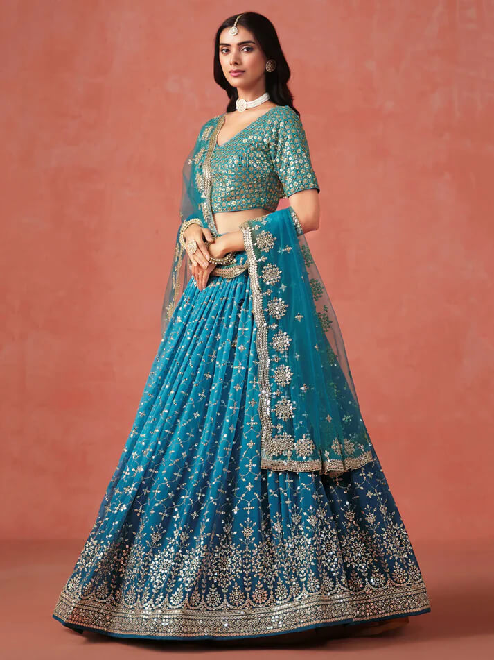 Rama Blue Georgette Lehenga with Zari & Sequins Work