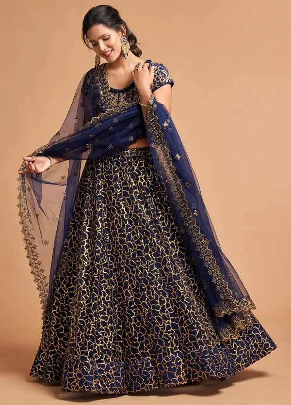 Navy Blue Soft Net Lehenga with Zari & Thread Work