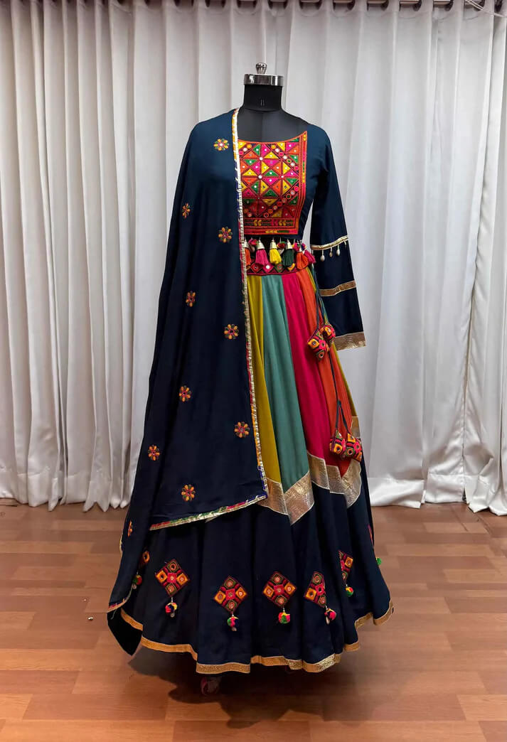 Teal Blue Multi Color Mirror & Thread Work Navratri Lehenga