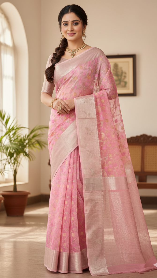 Baby Pink Chanderi Handloom Katan Silk Meenakari Saree
