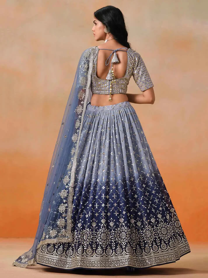 Navy Blue Gradient Georgette Lehenga with Zari & Sequins