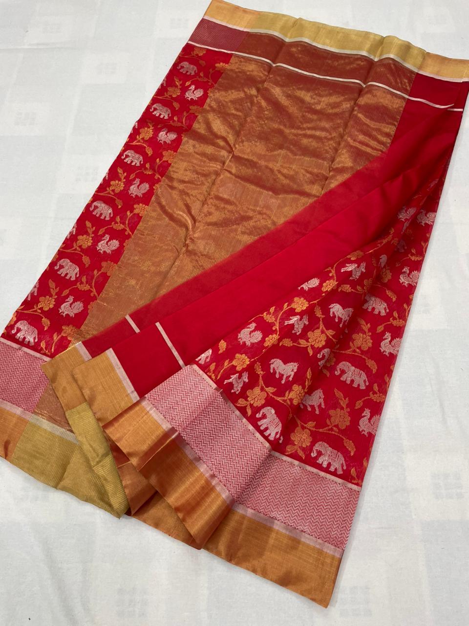 Chilly Red Chanderi Handloom Pattu Silk Shikargah Handwork Saree