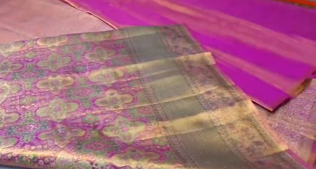 Hot Pink Kanchipuram Handloom Tissue Brocade Meenakari Silk Saree