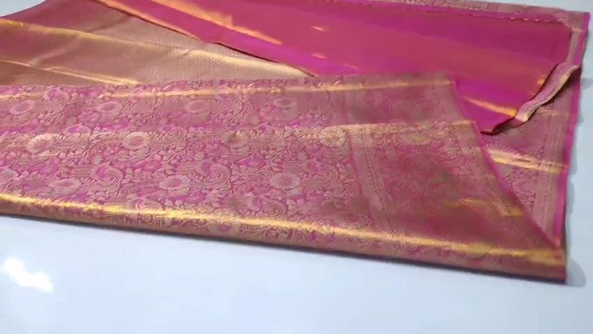 Hot Pink Kanchipuram Håndvævet Brokade Silkesari