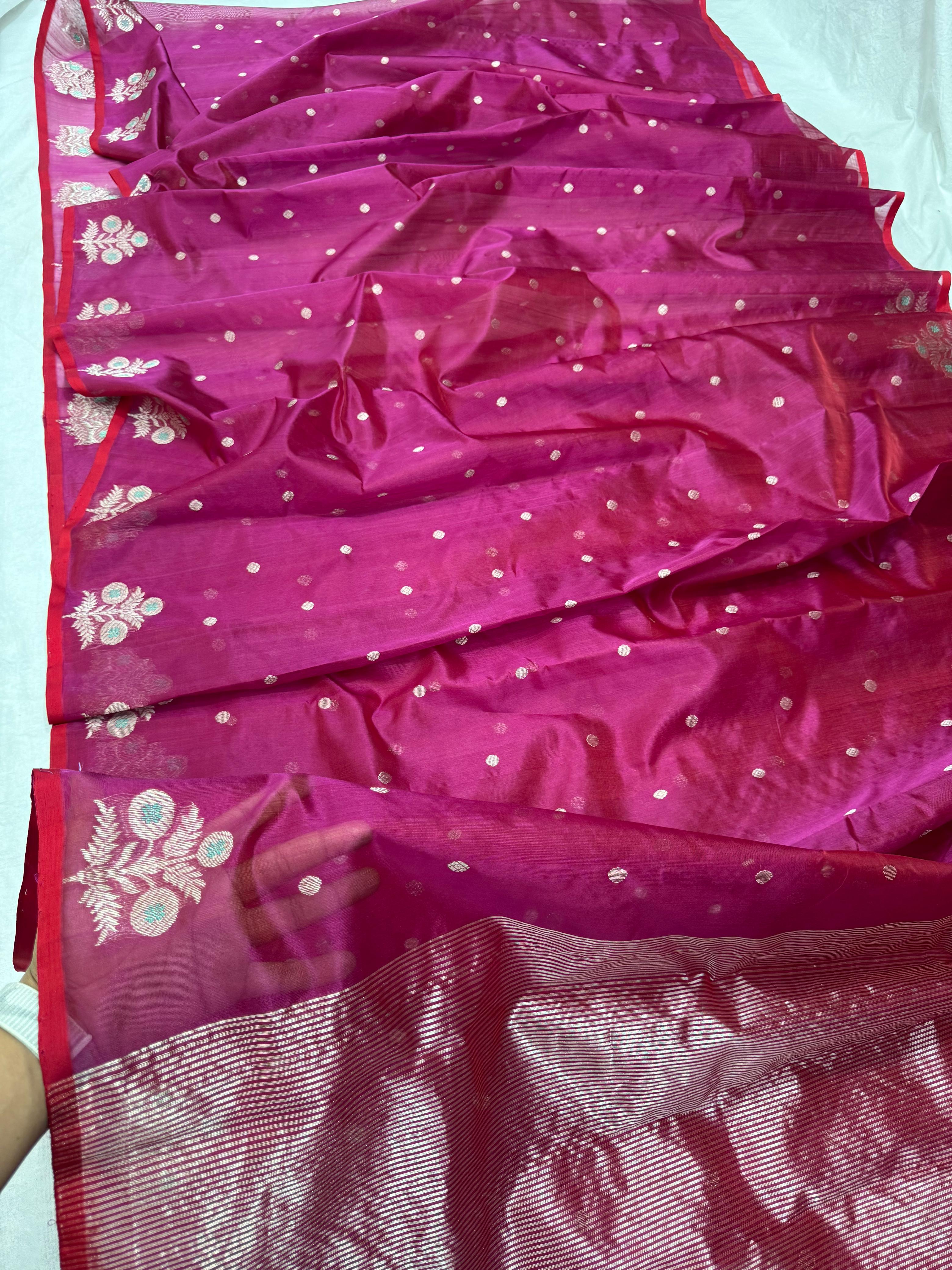 Hot Pink Chanderi Handloom Pattu Silk Meenakari Saree