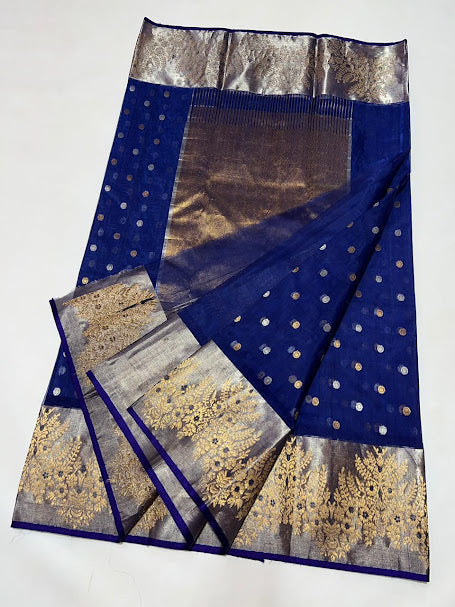 Midnight Blue Chanderi Handloom Katan Silk Meenakari Saree