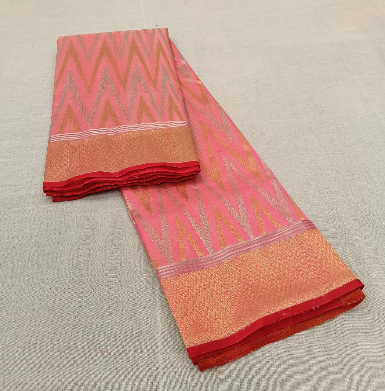 Peach Chanderi Handloom Pattu Silk Handwork Saree