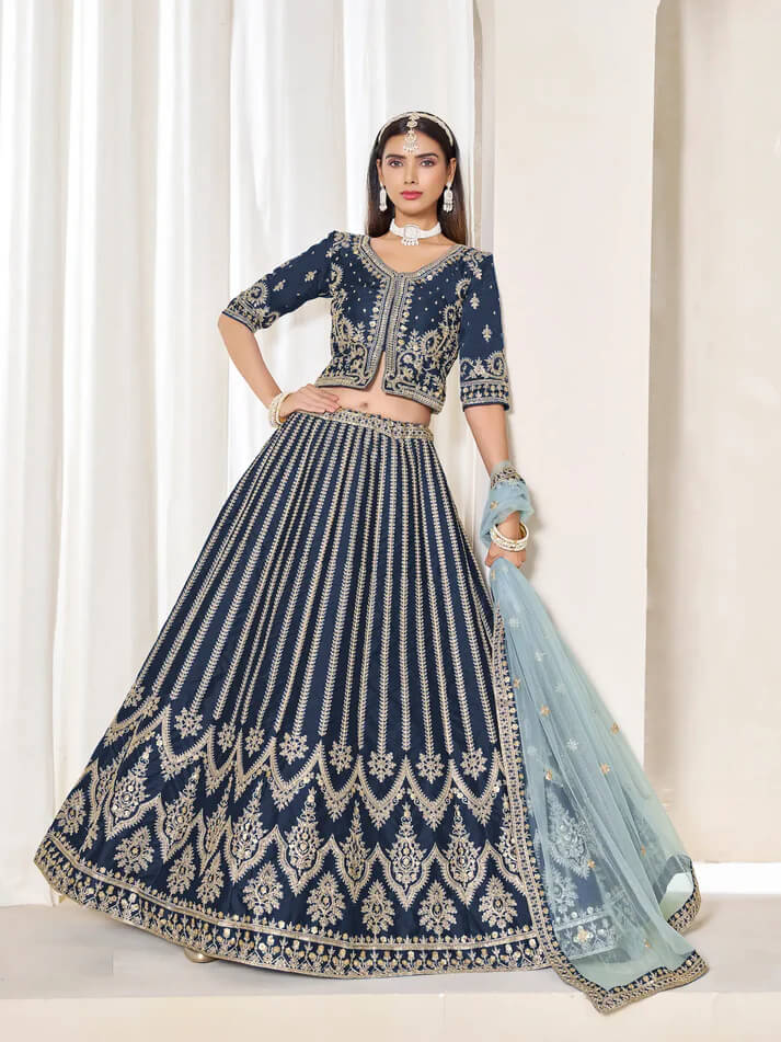 Navy Blue Art Silk Lehenga with Thread & Sequins Work