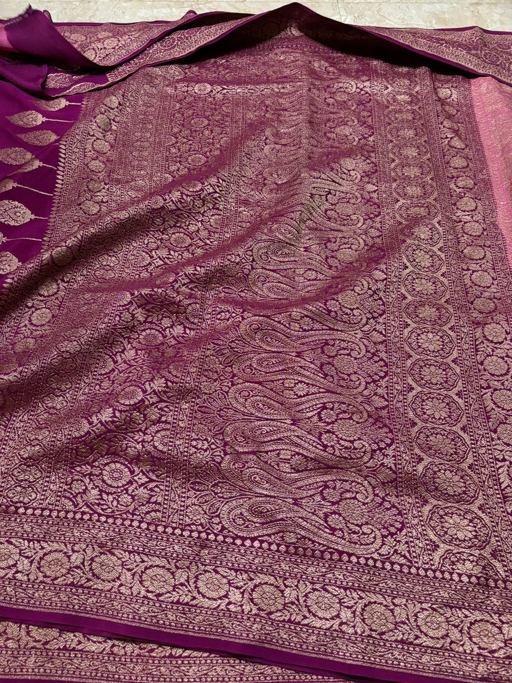 Bubblegum Pink Banarasi Handloom Antik Zari Georgette Crepe Silk Saree