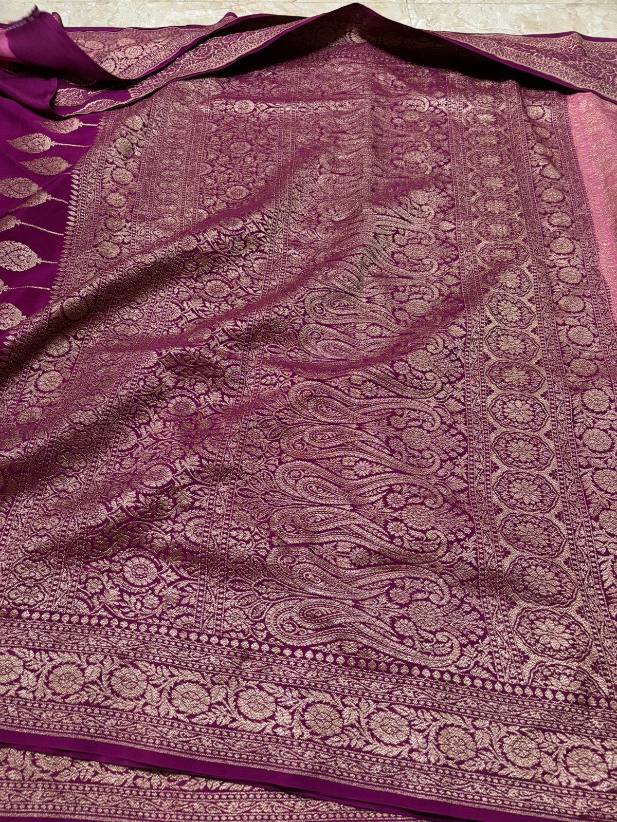 Bubblegum Pink Banarasi Handloom Antik Zari Georgette Crepe Silk Saree
