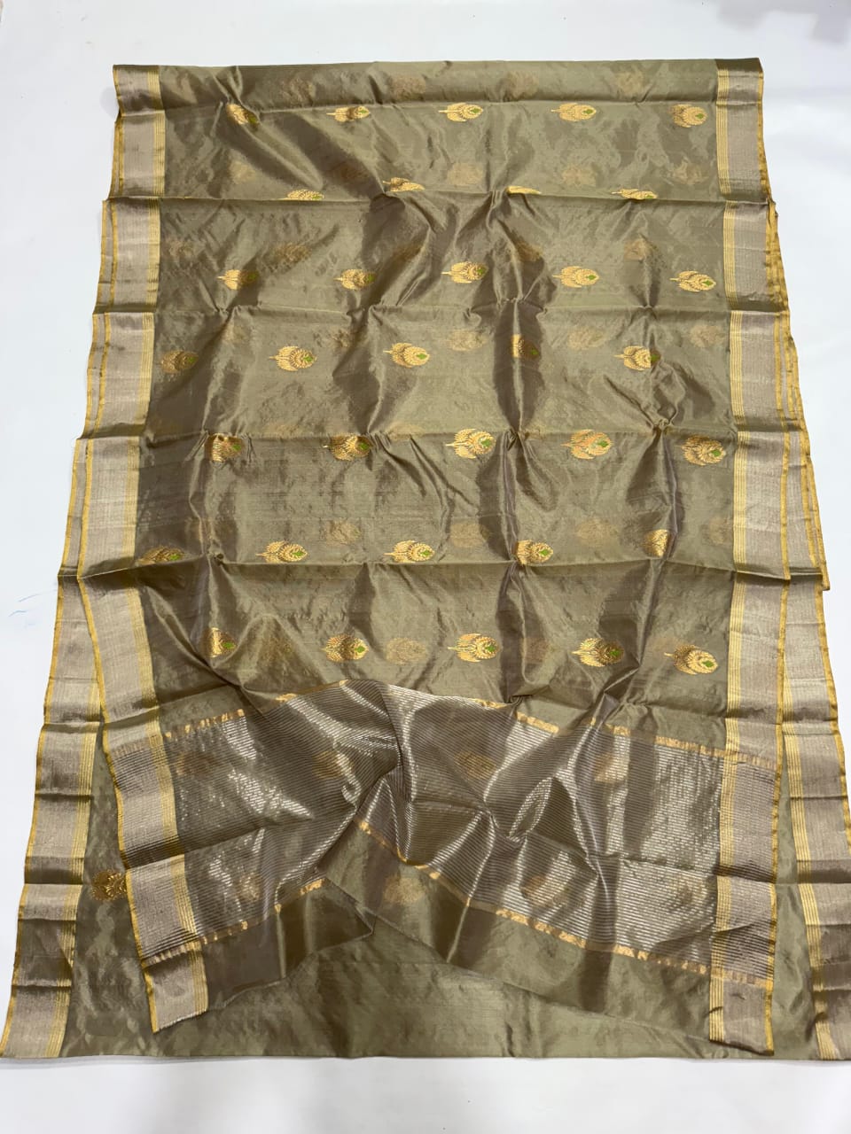 Olive Green Chanderi Handloom Pattu Silk Meenakari Saree