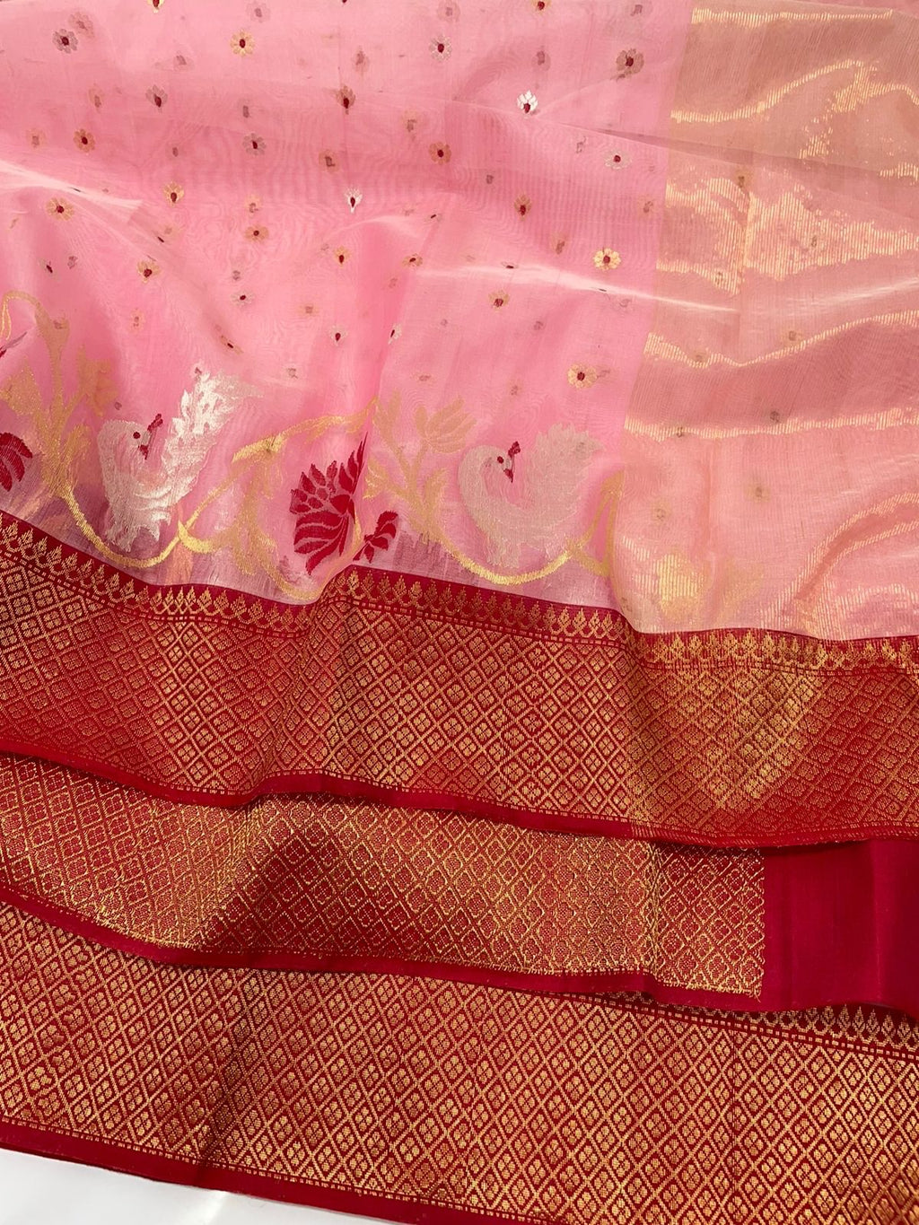 Coral Pink Chanderi handloom Katan Silk Meenakari Saree