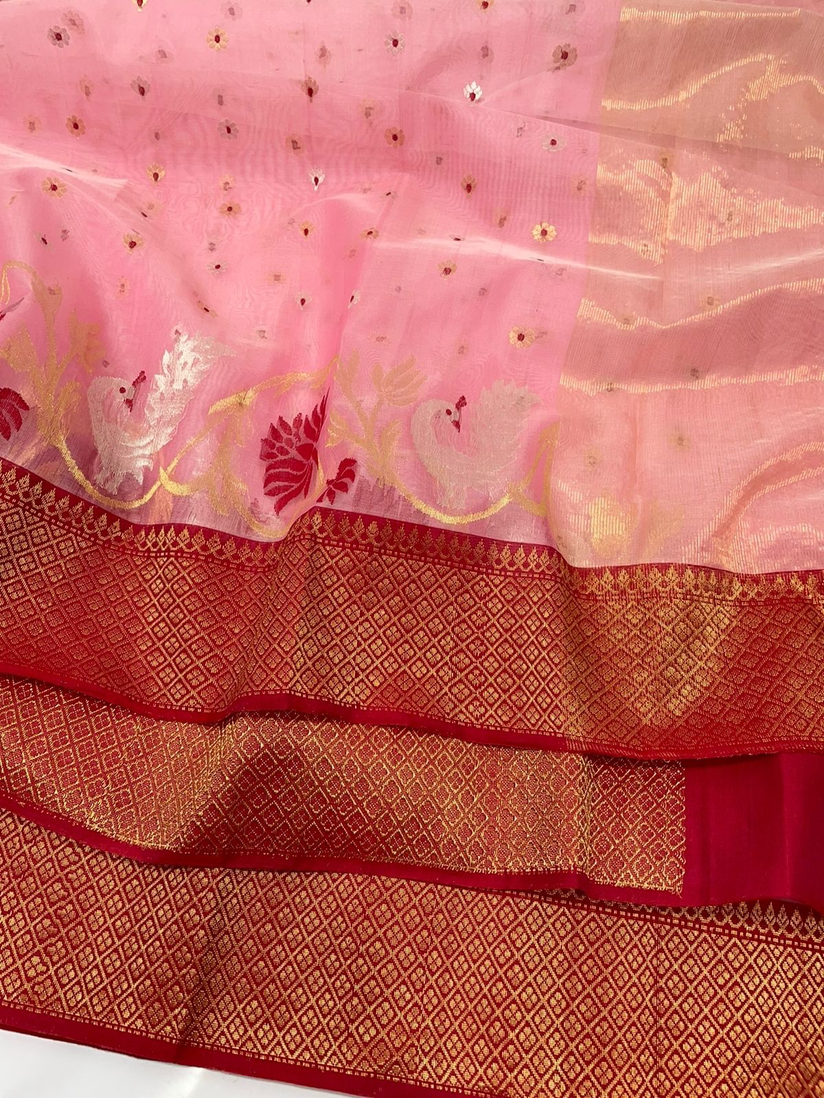 Coral Pink Chanderi handloom Katan Silk Meenakari Saree