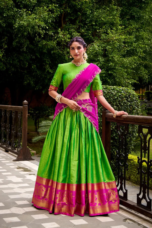 Parrot Green Cotton Lehenga with Intricate Zari Detailing