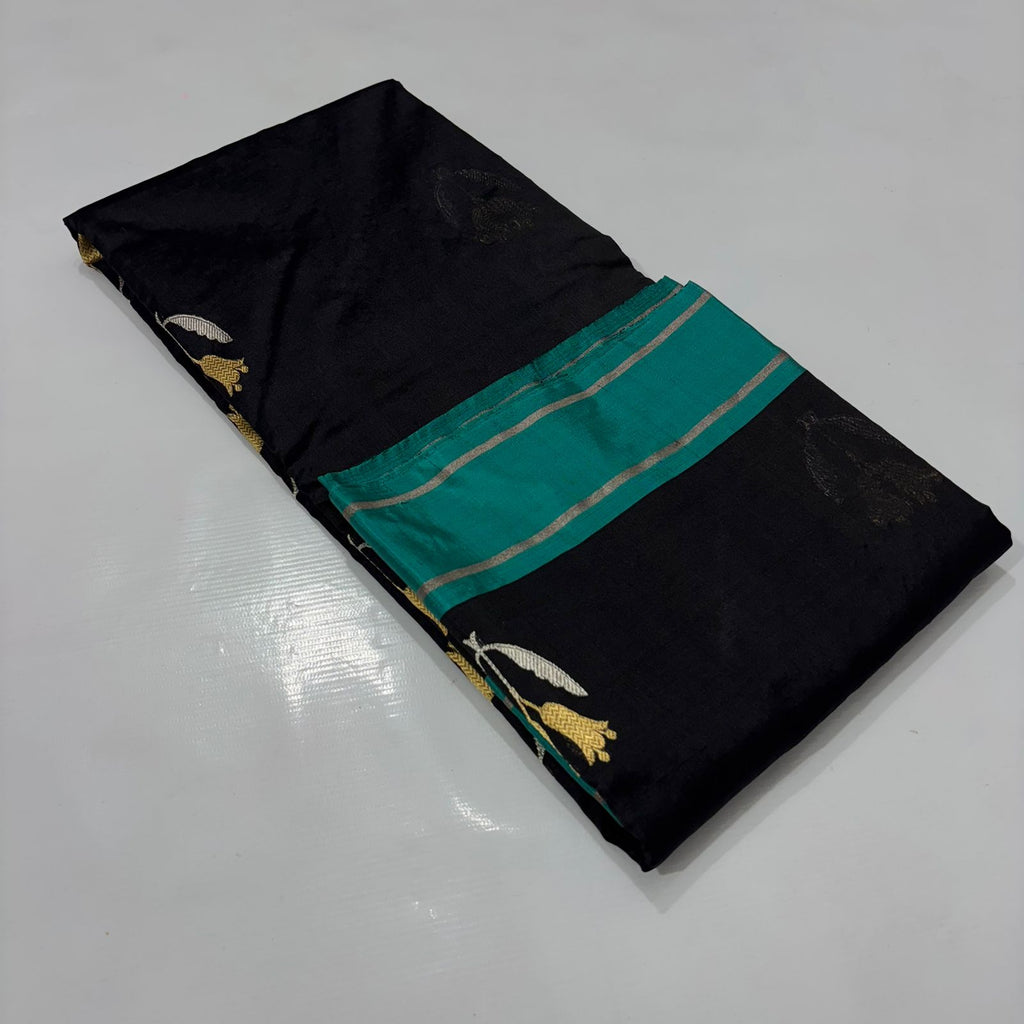 Black Chanderi Handloom Pattu Silk Meenakari Saree