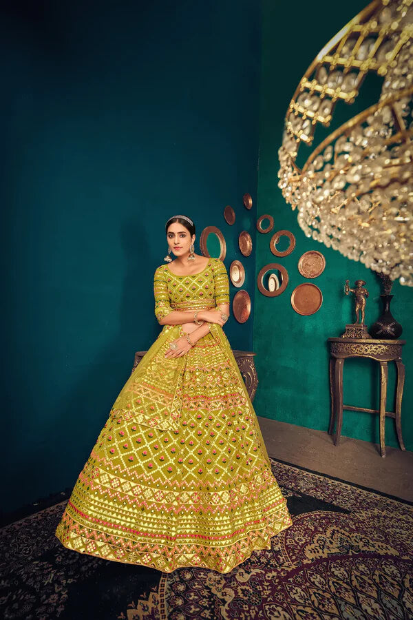 Lime Green Georgette Lehenga Choli with Gota Patti & Thread Work