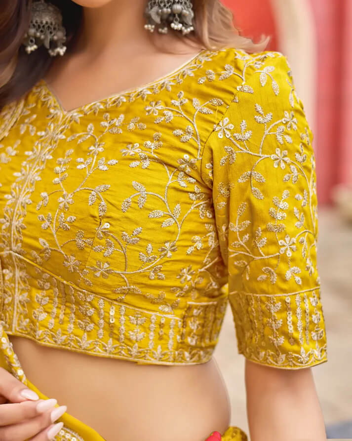 Yellow Taby Silk Lehenga with Floral Print & Embroidery