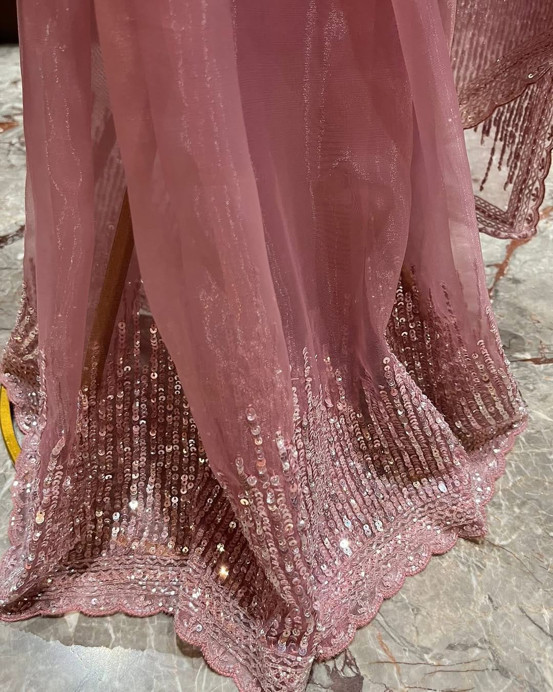 Rose Pink Hand Embroidered Tissue Organza Silk Saree