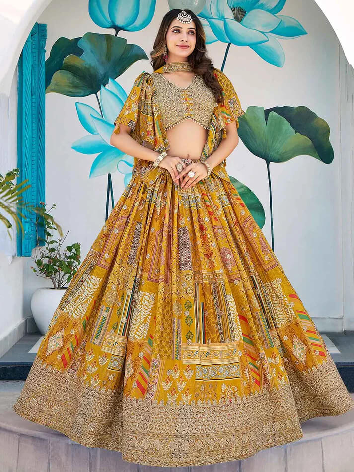 Yellow Digital Print Lehenga with Choker Dupatta
