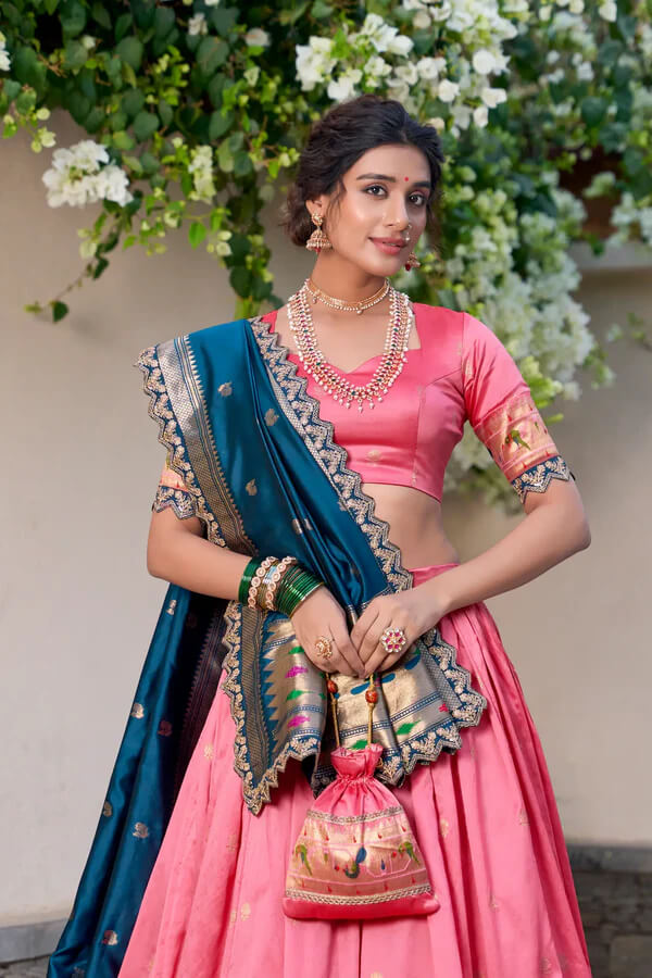 Light Pink Paithani Silk Lehenga Choli with Intricate Lace & Zari