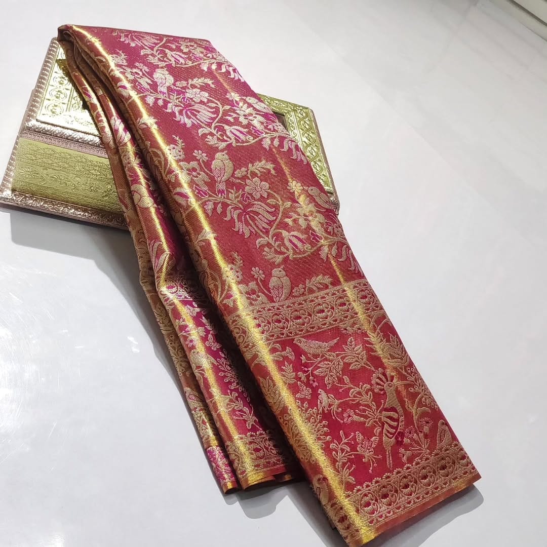 Hot Pink Kanchipuram Handloom Tissue Brocade Silk Saree