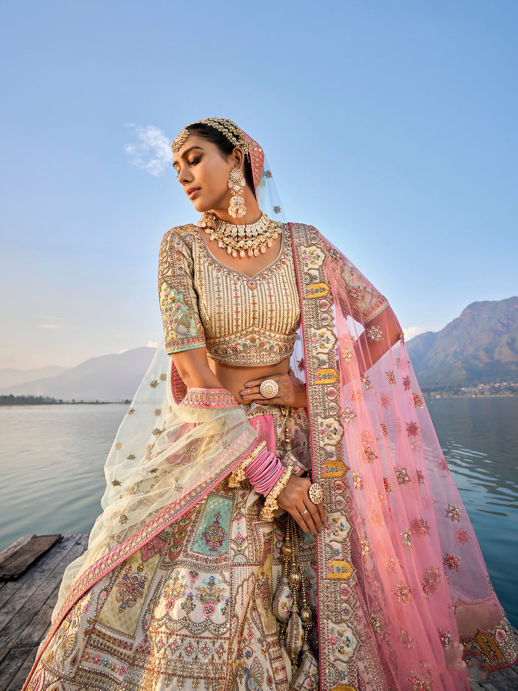 Beige Silk Embroidered Bridal Lehenga Choli Set
