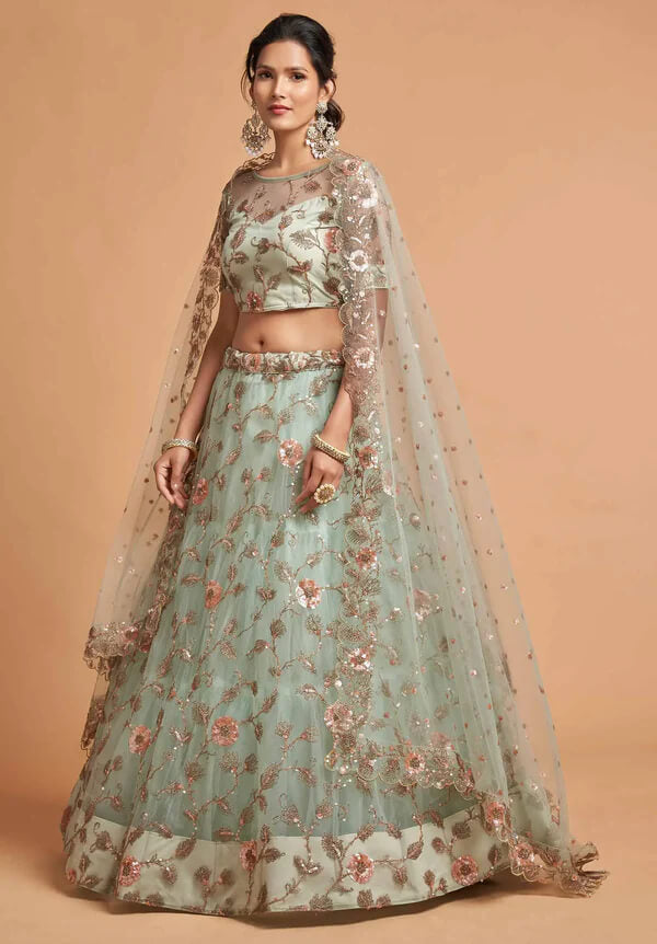 Spanish Green Soft Net Lehenga with Zari & Thread Work
