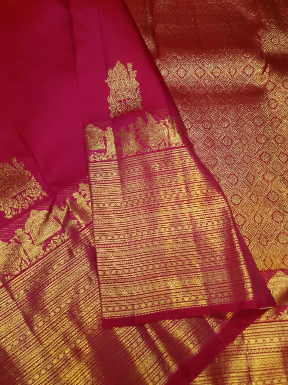 Dark Pink Kanchipuram Handloom 1G Gold Kalyana Pallakku Silk Saree
