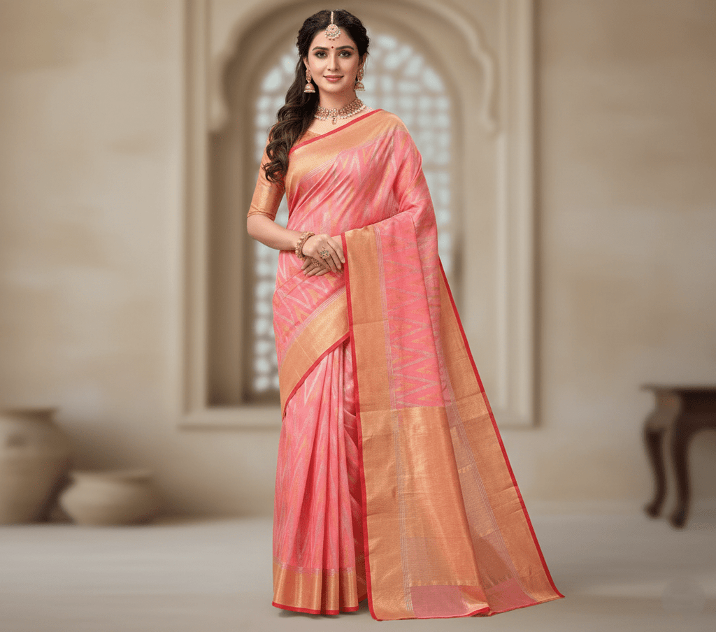Peach Chanderi Handloom Pattu Silk Handwork Saree