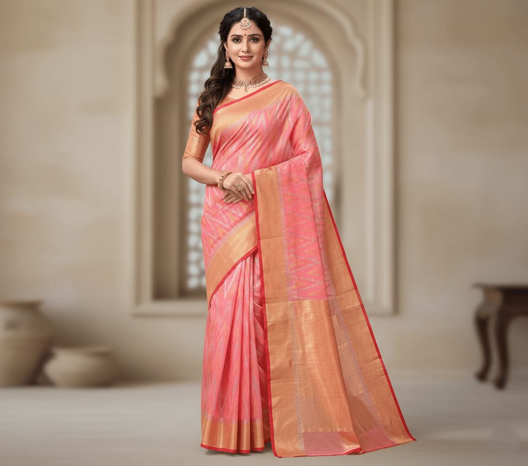 Peach Chanderi Handloom Pattu Silk Handwork Saree