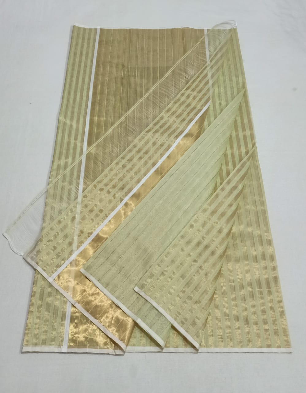Pastel Lime Green Chanderi Handloom Cotton Silk Striped Saree