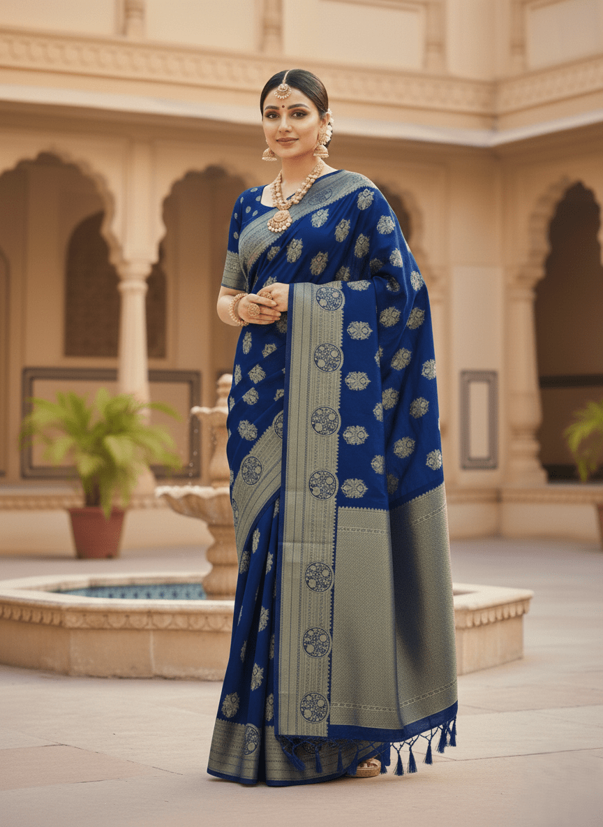 Royal Blue Banarasi Handloom Kora Organza Silk Saree