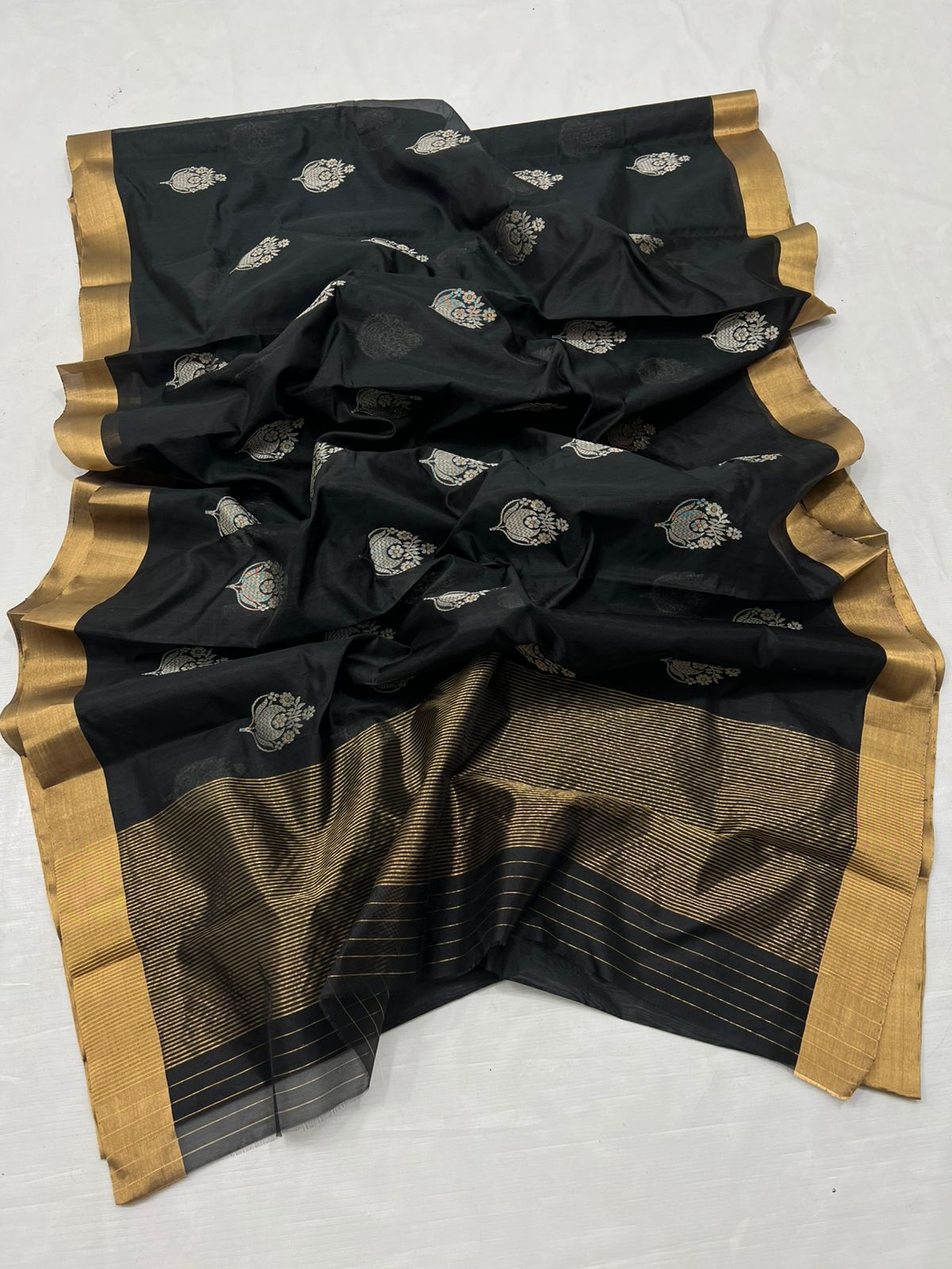 Black Chanderi Handloom Pattu Silk Meenakari Saree