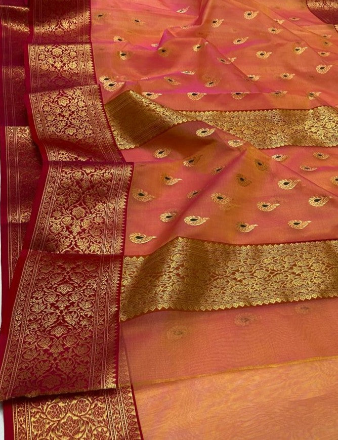 Orange Chanderi Handloom Katan Silk Nakshi Meenakari Saree