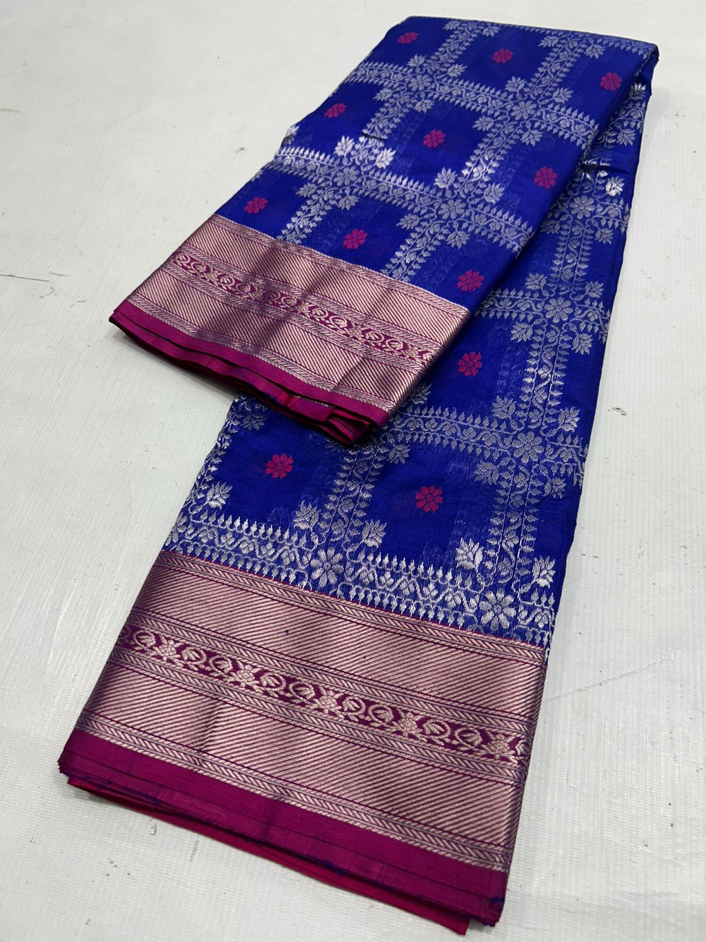 Royal Blue Chanderi Håndvævet Pattu Silk Meenakari Saree
