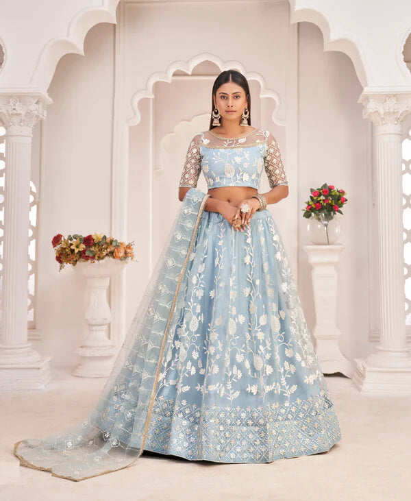 Festive Light Sky Cotton Thread Work Lehenga