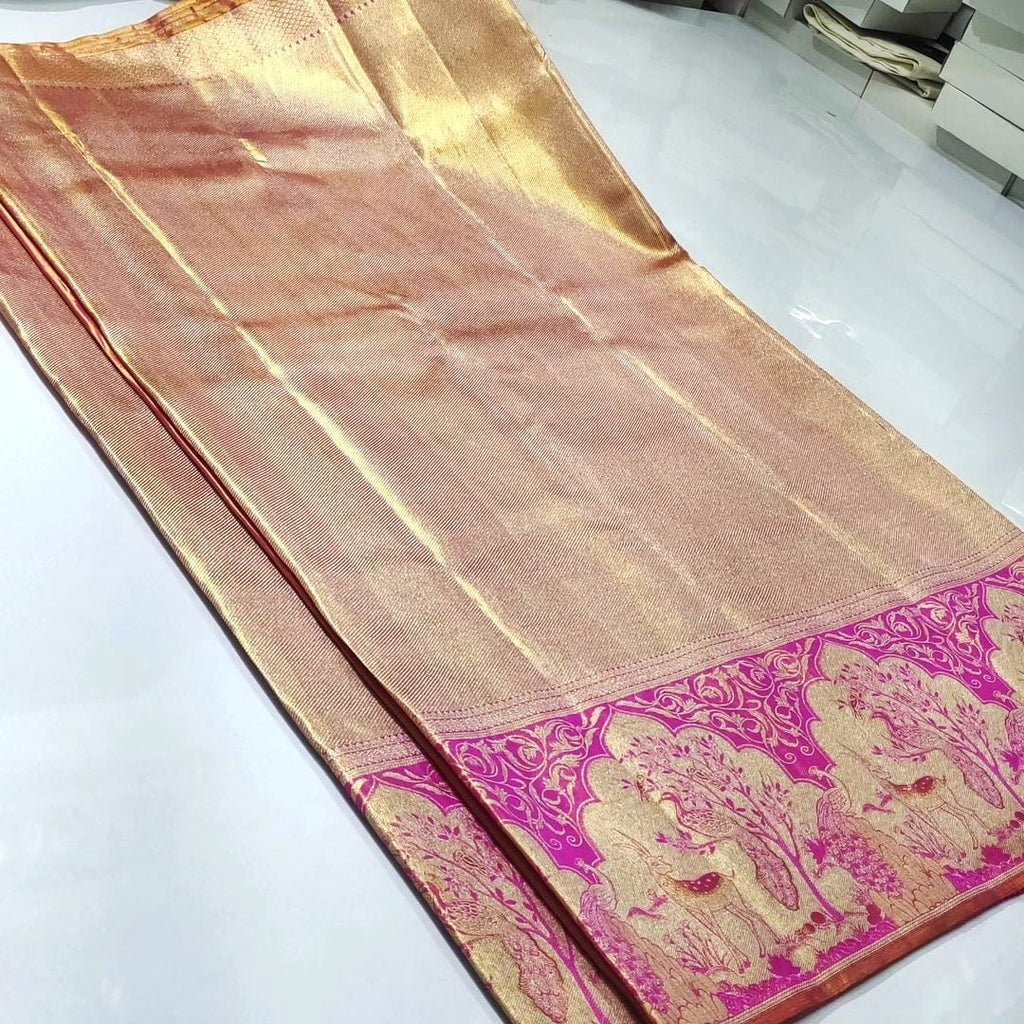 Gold & Hot Pink Kanchipuram Handloom Tissue Brocade Meenakari Silk Saree