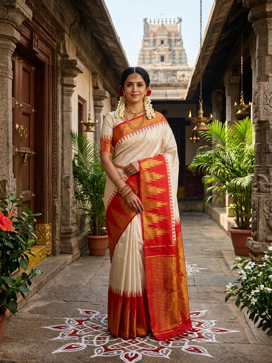 Beige Kanchipuram Handloom Silk Saree with a red Korvai temple border and 2G gold zari motifs in a South Indian temple setting.