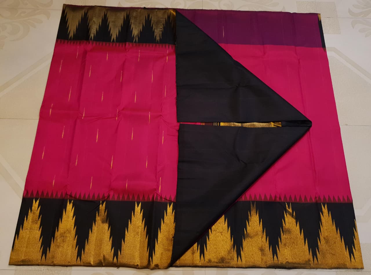 Dark Pink Kanchipuram handloom korvai temple silk saree featuring black and gold zari temple borders, a rich gold zari pallu, and a certified silk mark weave.