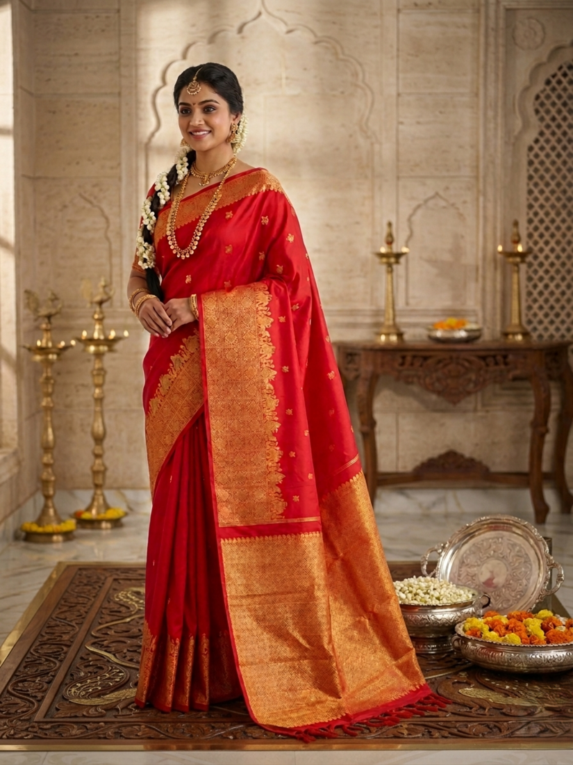 A close-up view of a premium 2G Kanjivaram pattu silk saree, highlighting the authentic Silk Mark tag, vibrant red fabric, and detailed gold zari work on the border and body.