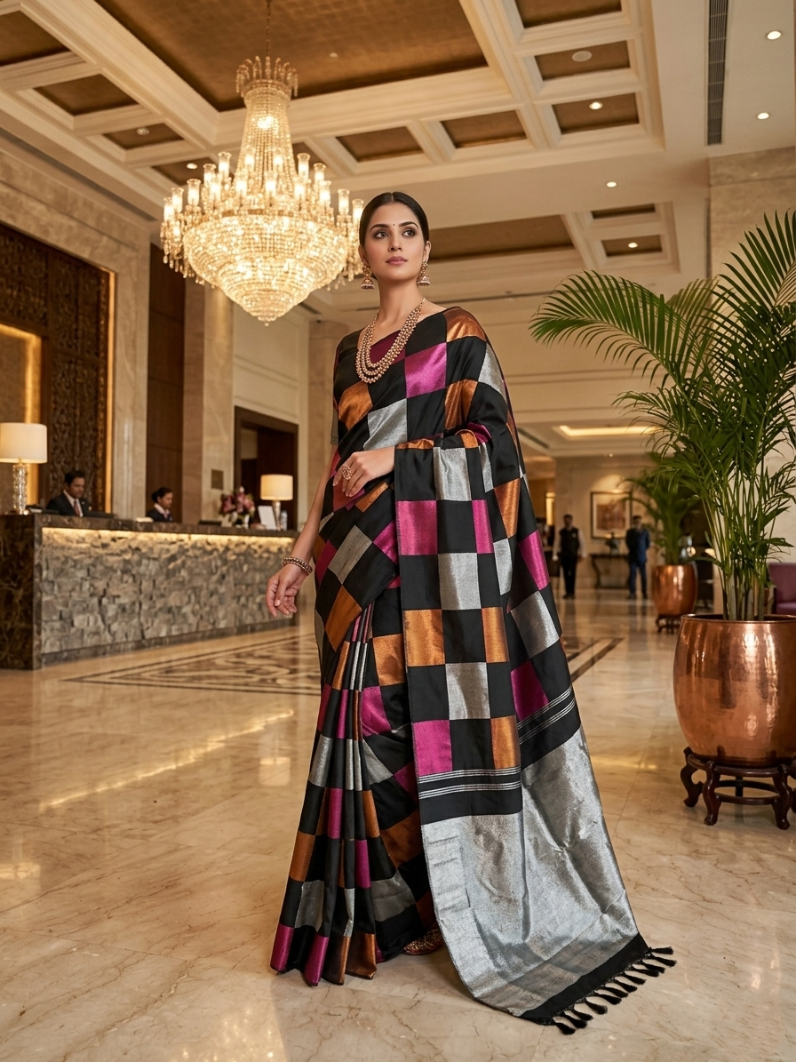 A luxurious multicolor 2G Kanchipuram pattu silk saree featuring a bold checkered pattern in black, pink, gold, and silver, displayed elegantly with traditional weaves.