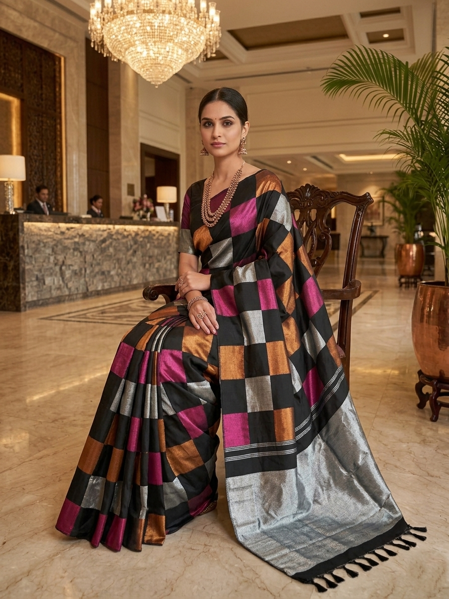 A luxurious multicolor 2G Kanchipuram pattu silk saree featuring a bold checkered pattern in black, pink, gold, and silver, displayed elegantly with traditional weaves.