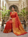 Chilly Red Kanchipuram Handloom 2G Gold Pattu Silk Saree with golden grid patterns, ornate animal-motif borders, and an opulent gold zari pallu.