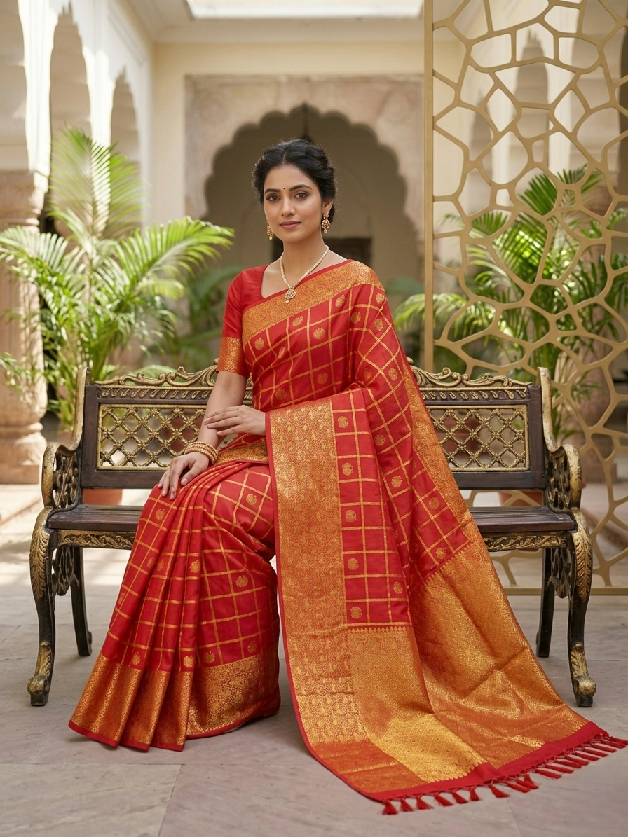 Chilly Red Kanchipuram Handloom 2G Gold Pattu Silk Saree with golden grid patterns, ornate animal-motif borders, and an opulent gold zari pallu.