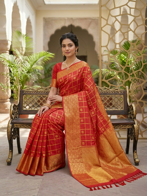 Chilly Red Kanchipuram Handloom 2G Gold Pattu Silk Saree with golden grid patterns, ornate animal-motif borders, and an opulent gold zari pallu.