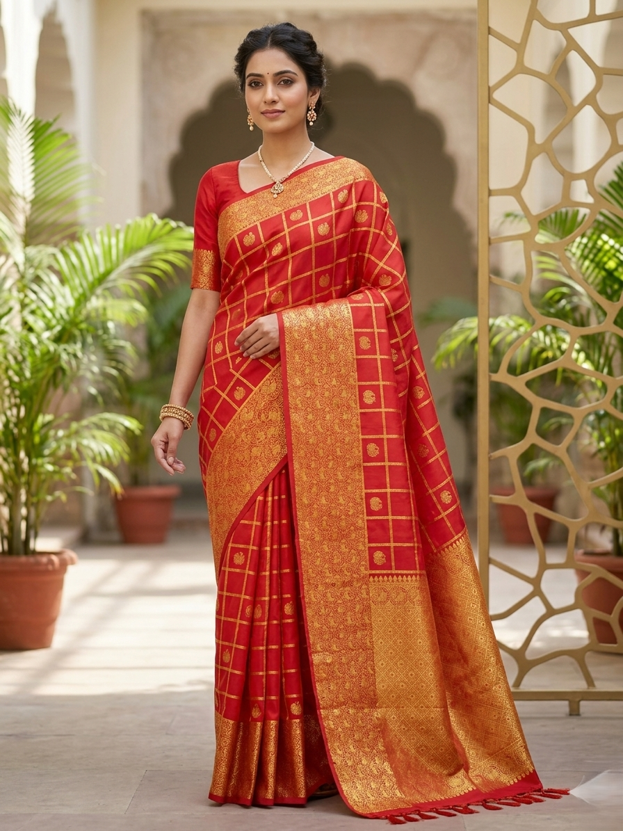 Chilly Red Kanchipuram Handloom 2G Gold Pattu Silk Saree with golden grid patterns, ornate animal-motif borders, and an opulent gold zari pallu.